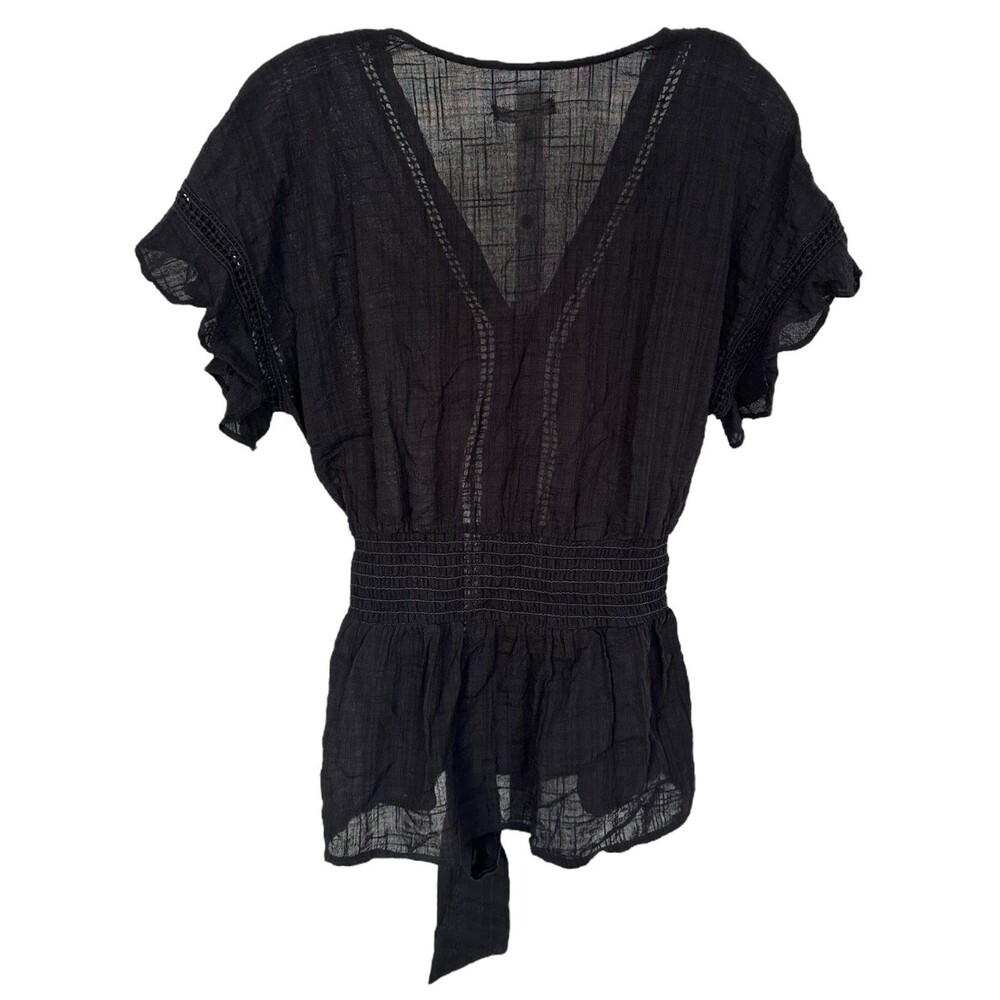 Max Studio Women's Short Sleeve Blouse Top w/ Tie Belt V-Neck Sheer Size M Black - Picture 3 of 9